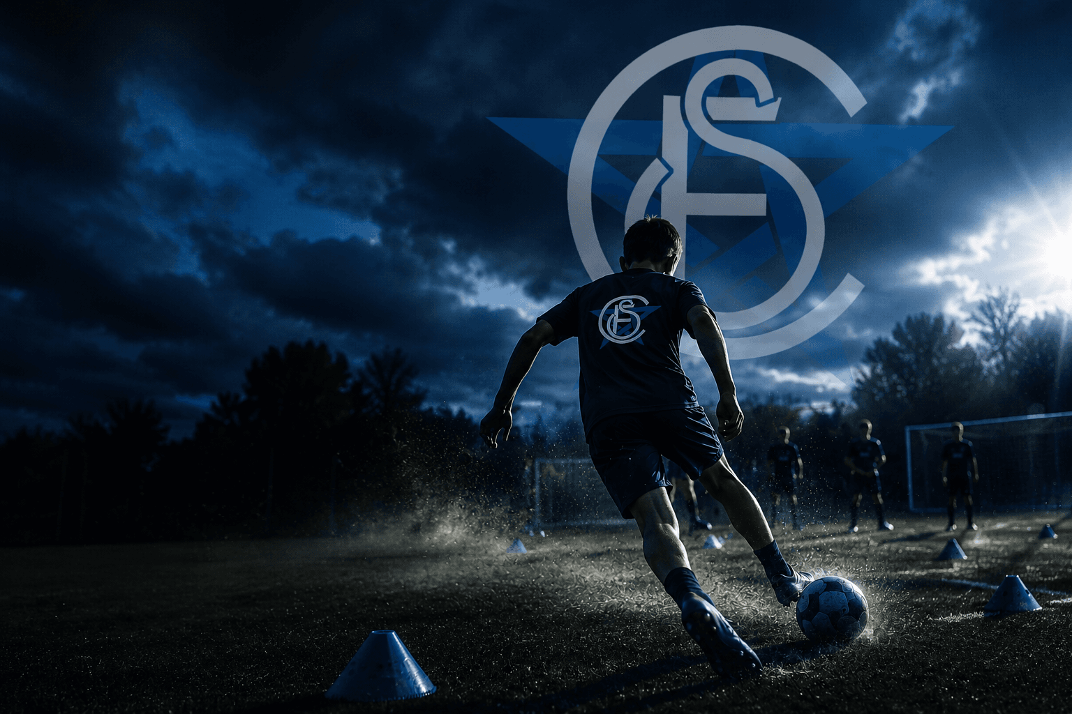 Spieler vor dem Wappen von Calcetto Football.