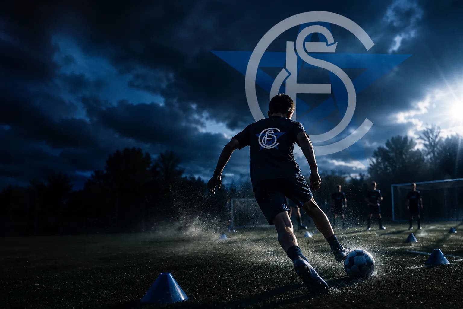 Spieler vor dem Wappen von Calcetto Football.