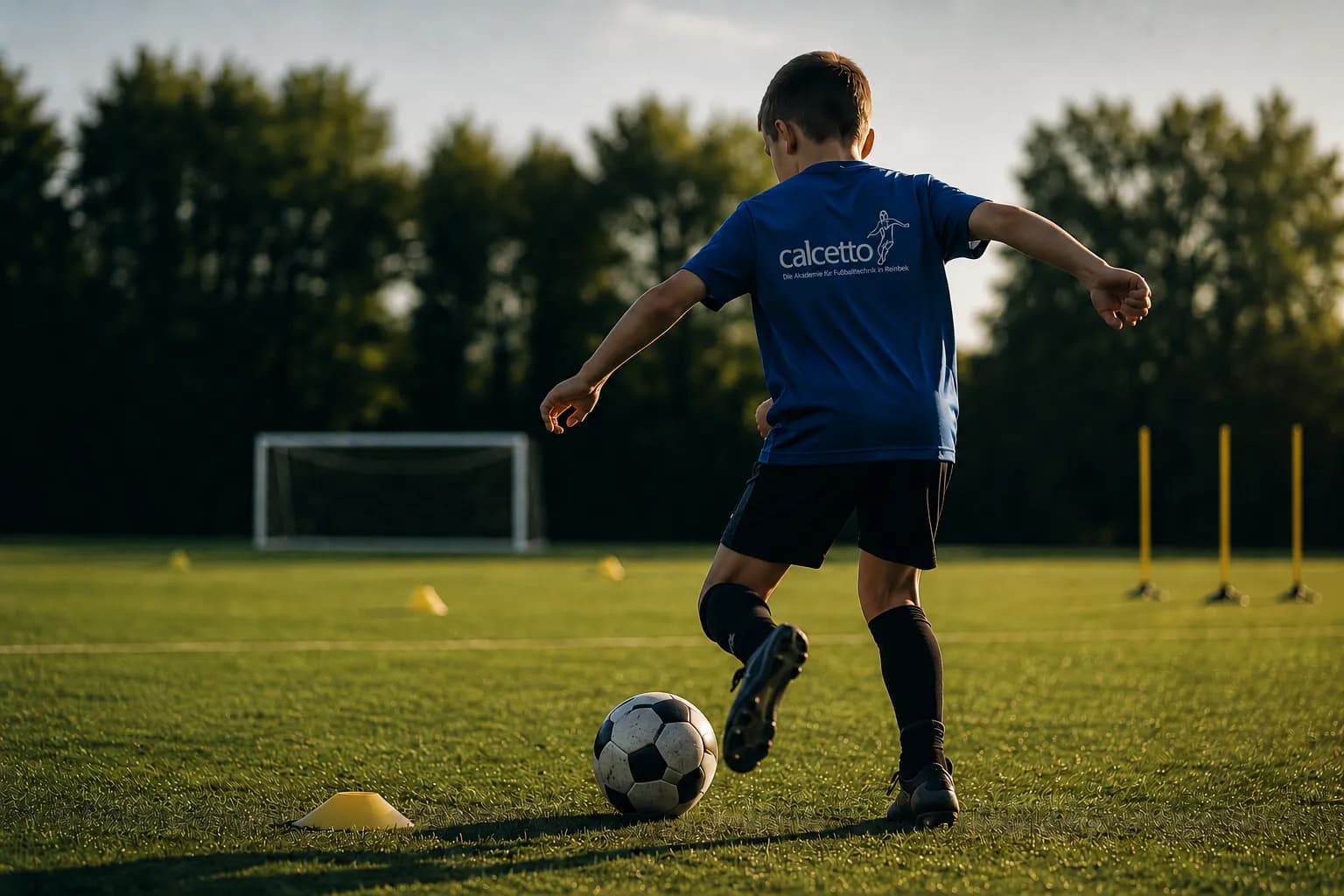 Junge im blauen Calcetto-Trikot beim Techniktraining im Stadion Reinbek.